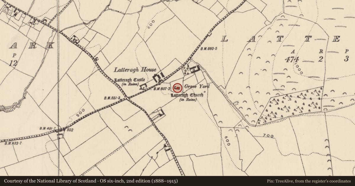 Ordnance Survey six-inch map, 2nd edition (1888–1915) covering the location of Church, Latteragh, County Tipperary North, with a pin at the register's coordinates