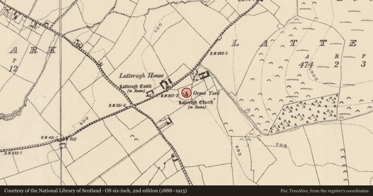 Ordnance Survey six-inch map, 2nd edition (1888–1915) covering the location of Architectural fragment, Latteragh, County Tipperary North, with a pin at the register's coordinates