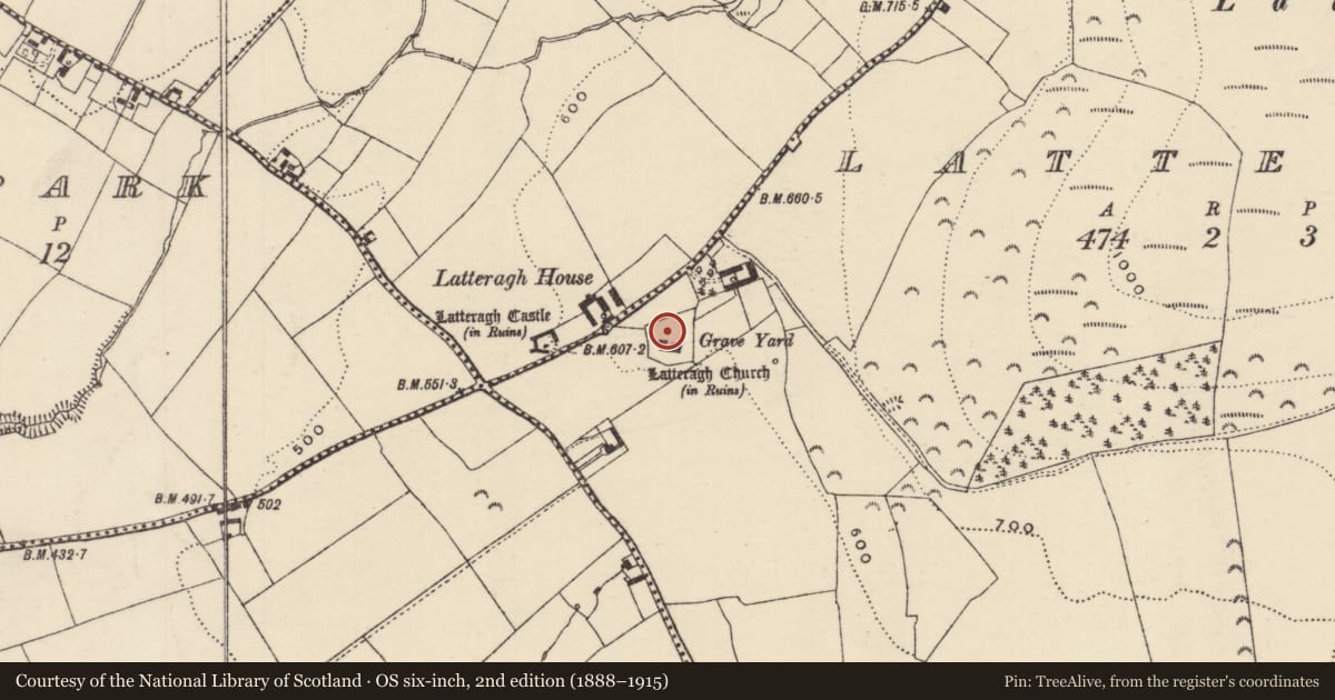 Ordnance Survey six-inch map, 2nd edition (1888–1915) covering the location of Graveyard, Latteragh, County Tipperary North, with a pin at the register's coordinates