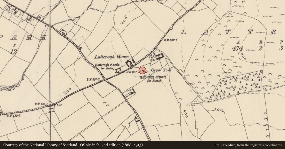 Ordnance Survey six-inch map, 2nd edition (1888–1915) covering the location of Cross-slab, Latteragh, County Tipperary North, with a pin at the register's coordinates