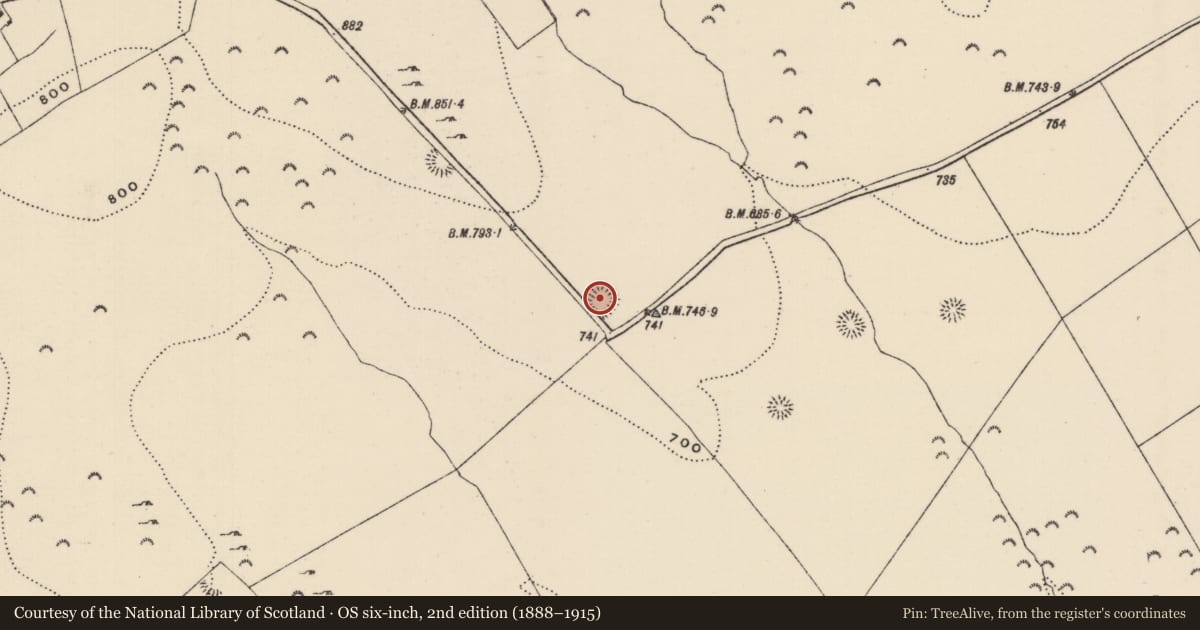 Ordnance Survey six-inch map, 2nd edition (1888–1915) covering the location of Moated site, Killoskehan, County Tipperary North, with a pin at the register's coordinates