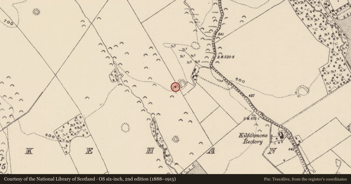 Ordnance Survey six-inch map, 2nd edition (1888–1915) covering the location of Enclosure, Killoskehan, County Tipperary North, with a pin at the register's coordinates