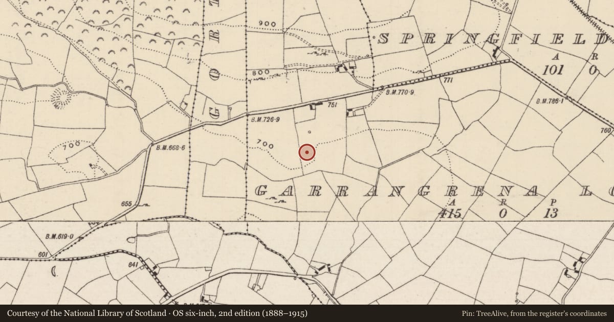 Ordnance Survey six-inch map, 2nd edition (1888–1915) covering the location of Earthwork, Garrangrena Lower, County Tipperary North, with a pin at the register's coordinates