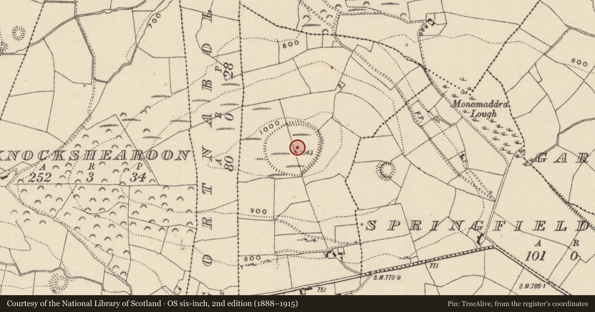 Ordnance Survey six-inch map, 2nd edition (1888–1915) covering the location of Hillfort, Garrangrena Lower, County Tipperary North, with a pin at the register's coordinates