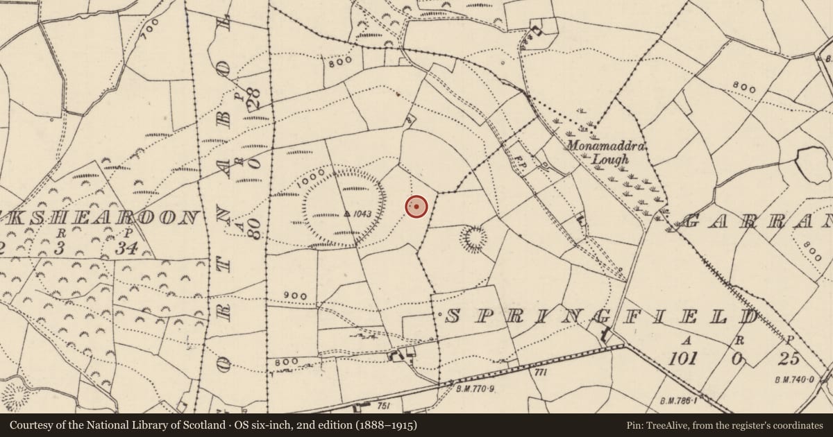 Ordnance Survey six-inch map, 2nd edition (1888–1915) covering the location of Enclosure, Garrangrena Lower, County Tipperary North, with a pin at the register's coordinates
