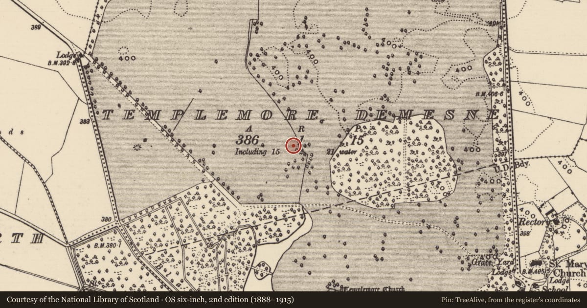 Ordnance Survey six-inch map, 2nd edition (1888–1915) covering the location of Designed landscape - tree-ring, Templemore Demesne, County Tipperary North, with a pin at the register's coordinates