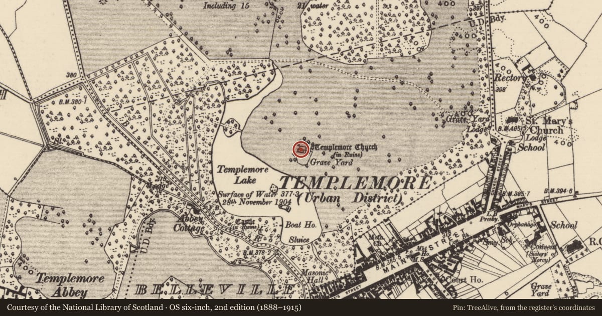 Ordnance Survey six-inch map, 2nd edition (1888–1915) covering the location of Church, Templemore Demesne, County Tipperary North, with a pin at the register's coordinates
