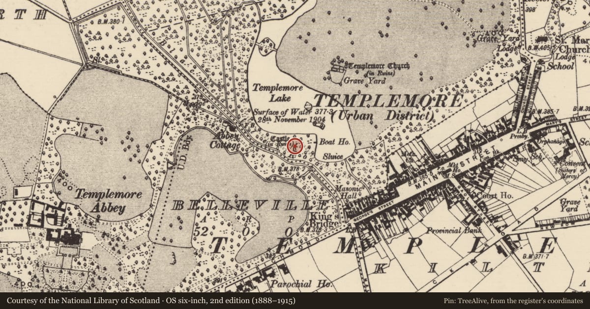 Ordnance Survey six-inch map, 2nd edition (1888–1915) covering the location of House - indeterminate date, Templemore Demesne, County Tipperary North, with a pin at the register's coordinates