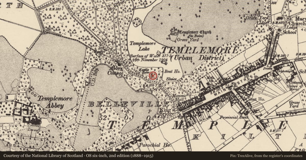 Ordnance Survey six-inch map, 2nd edition (1888–1915) covering the location of Bawn, Templemore Demesne, County Tipperary North, with a pin at the register's coordinates