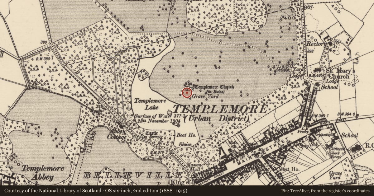 Ordnance Survey six-inch map, 2nd edition (1888–1915) covering the location of Graveyard, Templemore Demesne, County Tipperary North, with a pin at the register's coordinates