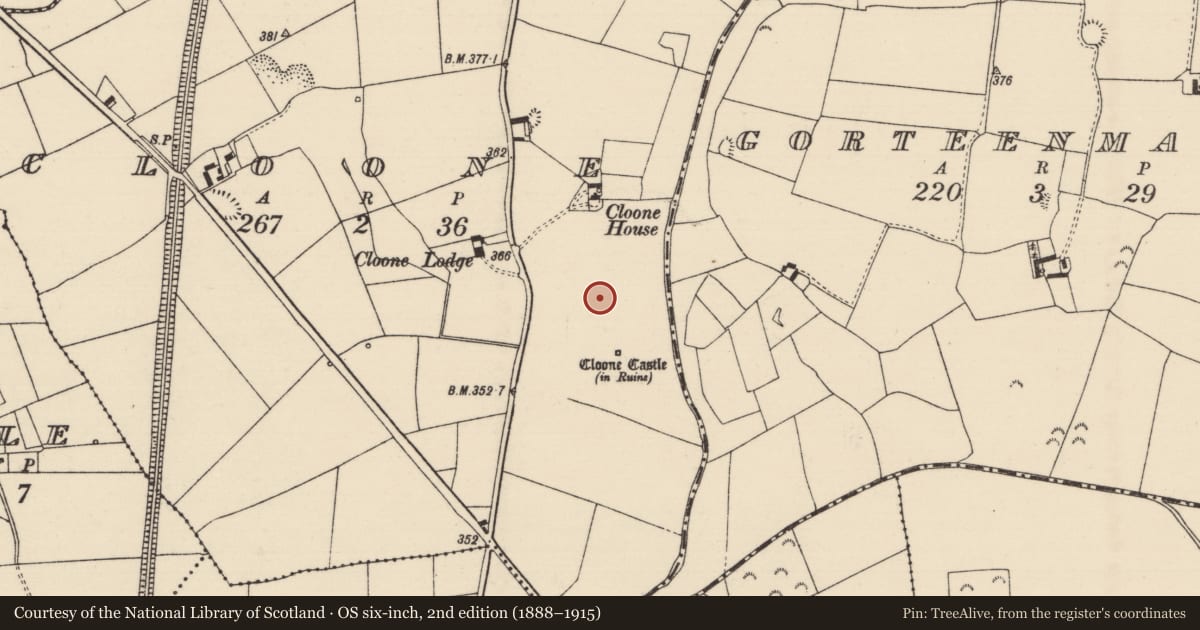 Ordnance Survey six-inch map, 2nd edition (1888–1915) covering the location of Settlement deserted - medieval, Cloone, County Tipperary North, with a pin at the register's coordinates