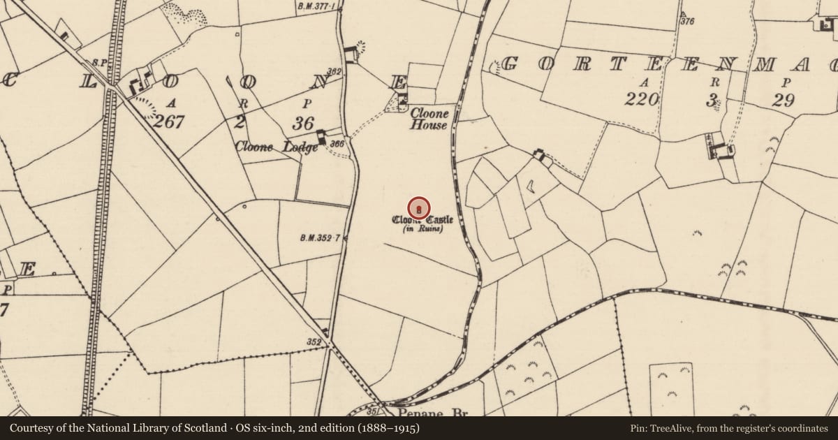 Ordnance Survey six-inch map, 2nd edition (1888–1915) covering the location of Castle - tower house, Cloone, County Tipperary North, with a pin at the register's coordinates