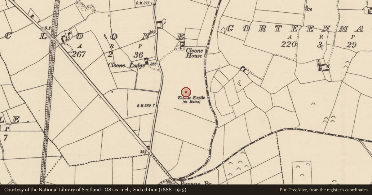 Ordnance Survey six-inch map, 2nd edition (1888–1915) covering the location of Bawn, Cloone, County Tipperary North, with a pin at the register's coordinates