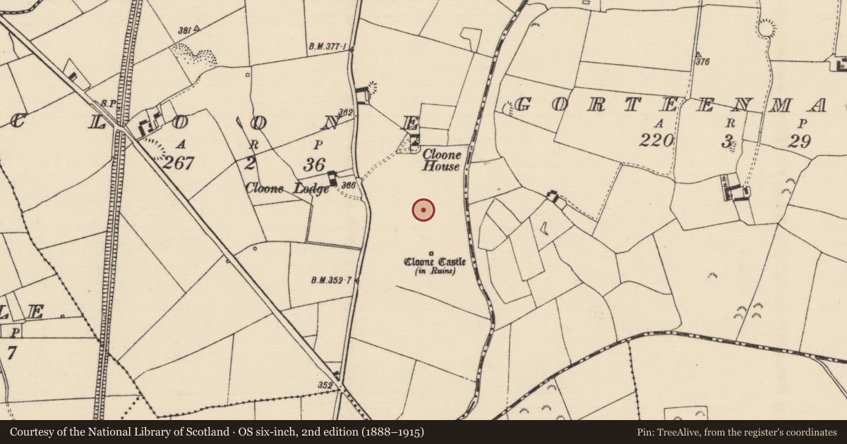 Ordnance Survey six-inch map, 2nd edition (1888–1915) covering the location of Earthwork, Cloone, County Tipperary North, with a pin at the register's coordinates