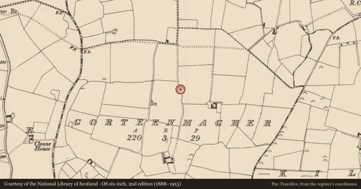 Ordnance Survey six-inch map, 2nd edition (1888–1915) covering the location of Enclosure, Gorteenmagher, County Tipperary North, with a pin at the register's coordinates