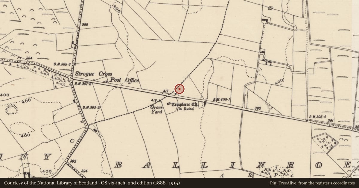 Ordnance Survey six-inch map, 2nd edition (1888–1915) covering the location of Earthwork, Ballinroe, County Tipperary North, with a pin at the register's coordinates