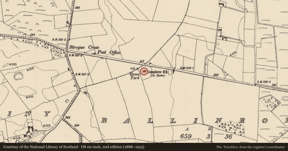 Ordnance Survey six-inch map, 2nd edition (1888–1915) covering the location of Church, Ballinroe, County Tipperary North, with a pin at the register's coordinates
