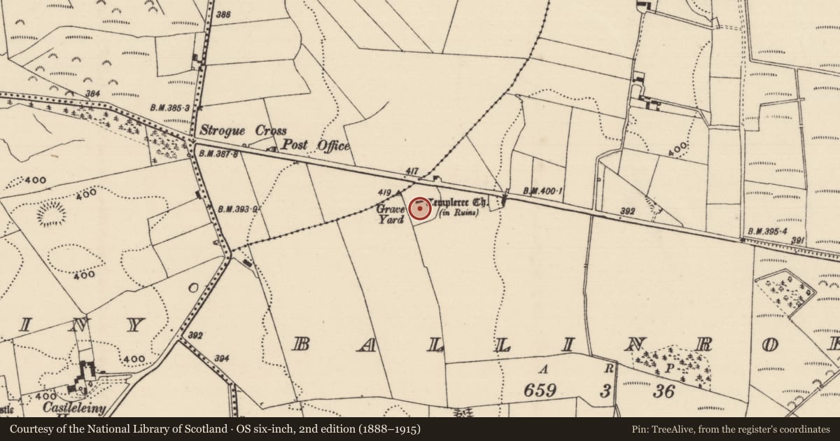 Ordnance Survey six-inch map, 2nd edition (1888–1915) covering the location of Graveyard, Ballinroe, County Tipperary North, with a pin at the register's coordinates