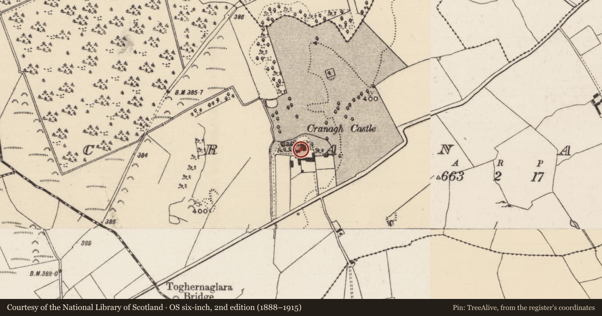 Ordnance Survey six-inch map, 2nd edition (1888–1915) covering the location of Castle - tower house, Cranagh, County Tipperary North, with a pin at the register's coordinates