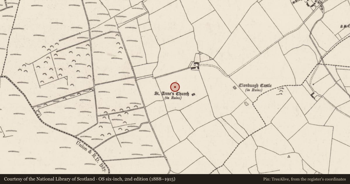 Ordnance Survey six-inch map, 2nd edition (1888–1915) covering the location of Field system, Clonbuogh (Killavinoge Par.), County Tipperary North, with a pin at the register's coordinates