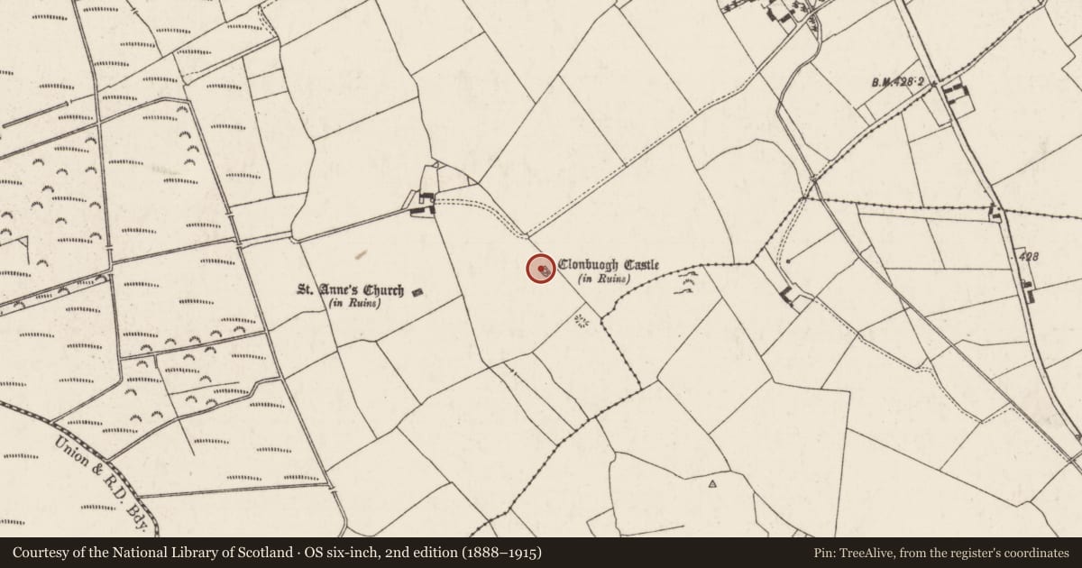 Ordnance Survey six-inch map, 2nd edition (1888–1915) covering the location of Castle - tower house, Clonbuogh (Killavinoge Par.), County Tipperary North, with a pin at the register's coordinates