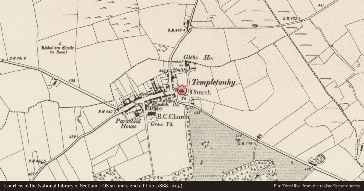 Ordnance Survey six-inch map, 2nd edition (1888–1915) covering the location of Church, Longorchard, County Tipperary North, with a pin at the register's coordinates