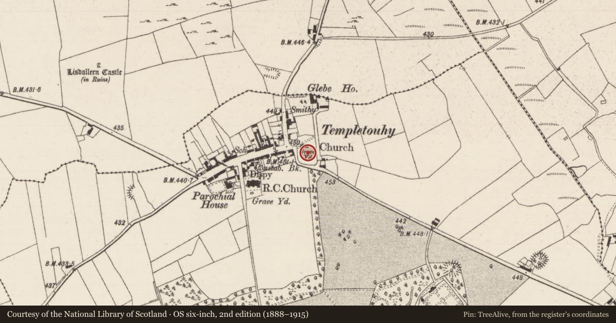 Ordnance Survey six-inch map, 2nd edition (1888–1915) covering the location of Graveyard, Longorchard, County Tipperary North, with a pin at the register's coordinates