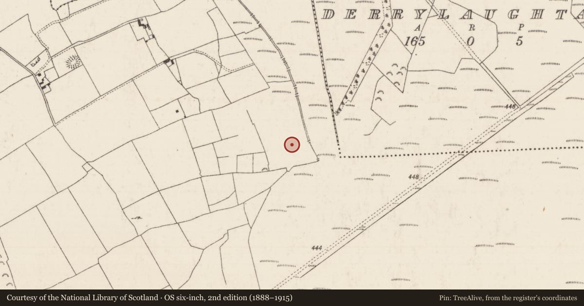 Ordnance Survey six-inch map, 2nd edition (1888–1915) covering the location of Fulacht fia, Tullowmacjames, County Tipperary North, with a pin at the register's coordinates