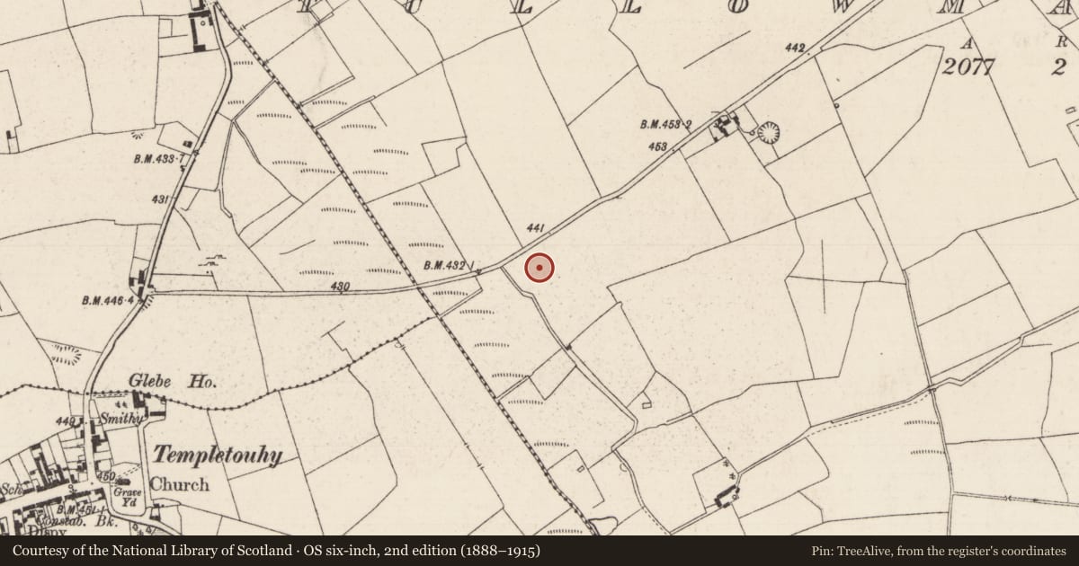 Ordnance Survey six-inch map, 2nd edition (1888–1915) covering the location of Enclosure, Tullowmacjames, County Tipperary North, with a pin at the register's coordinates