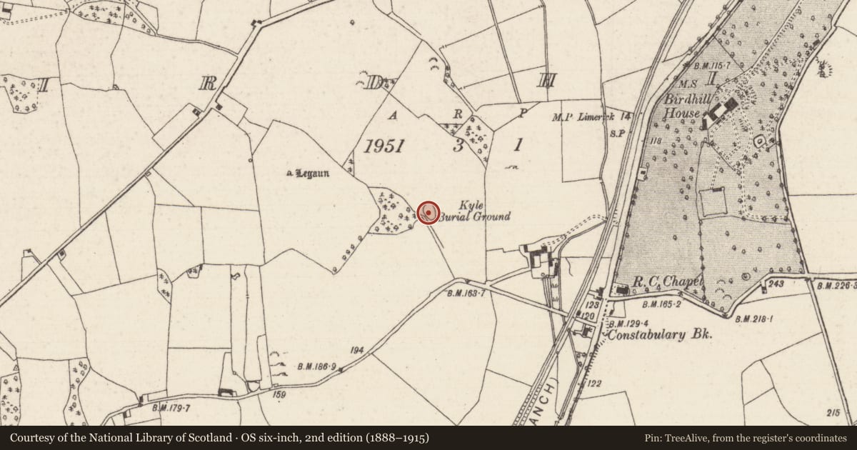 Ordnance Survey six-inch map, 2nd edition (1888–1915) covering the location of Burial ground, Birdhill, County Tipperary North, with a pin at the register's coordinates