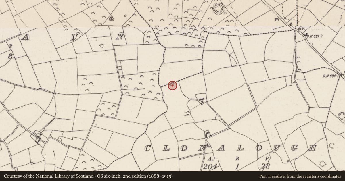 Ordnance Survey six-inch map, 2nd edition (1888–1915) covering the location of Barrow - ring-barrow, Ballycahane, Clonalough, County Tipperary North, with a pin at the register's coordinates