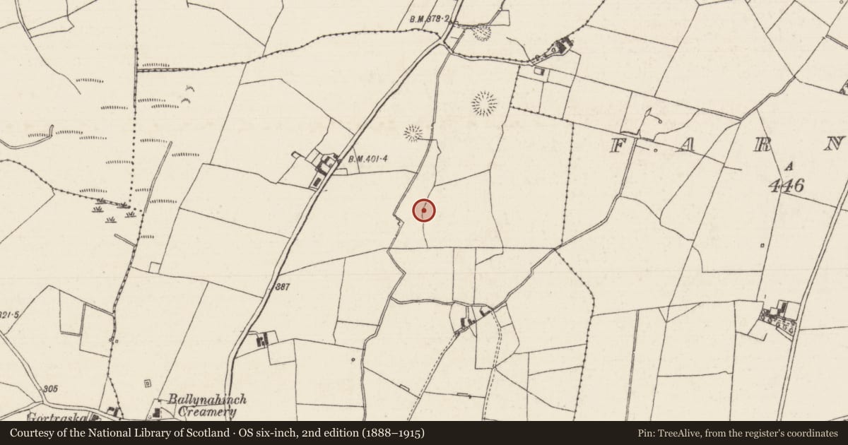 Ordnance Survey six-inch map, 2nd edition (1888–1915) covering the location of Earthwork, Ballykinlalee, County Tipperary North, with a pin at the register's coordinates