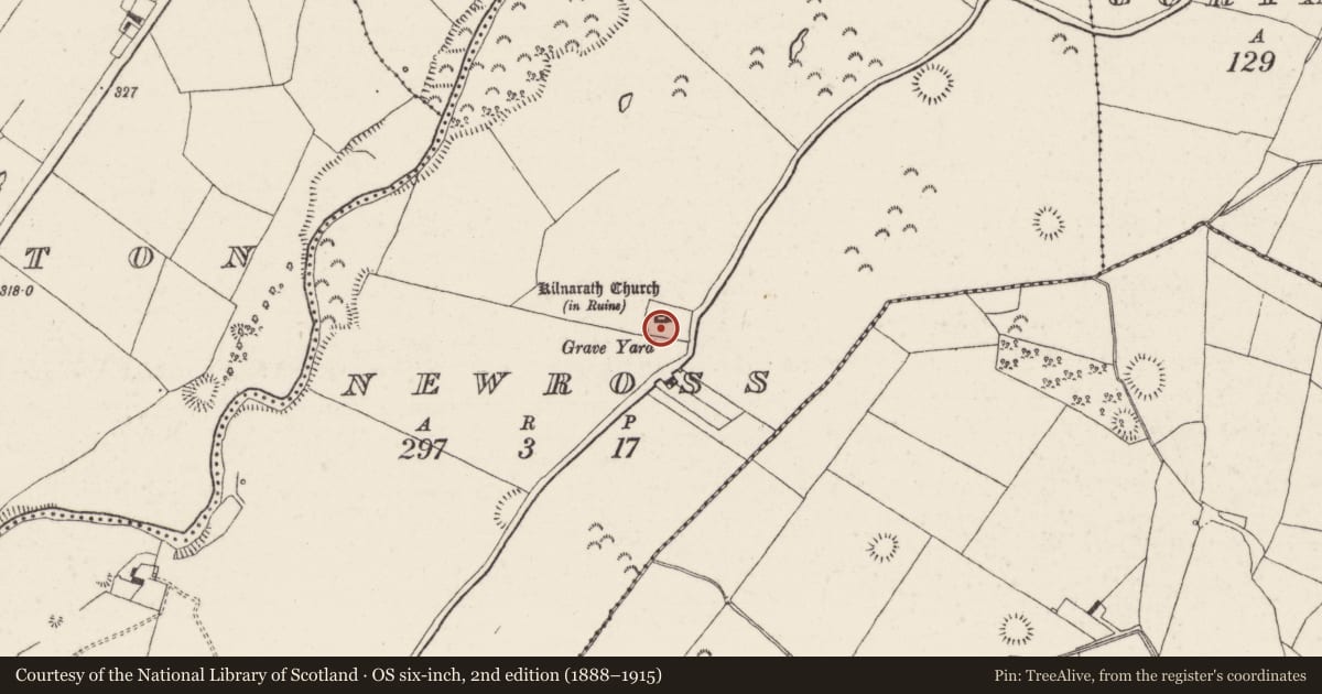 Ordnance Survey six-inch map, 2nd edition (1888–1915) covering the location of Holed stone, Newross, County Tipperary North, with a pin at the register's coordinates