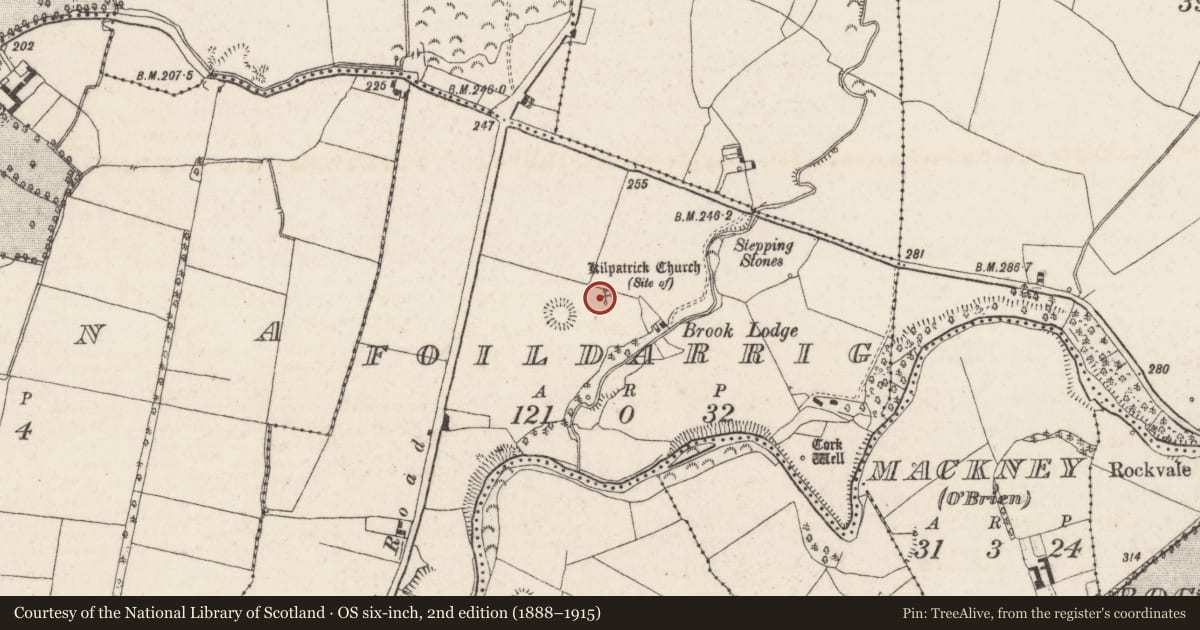 Ordnance Survey six-inch map, 2nd edition (1888–1915) covering the location of Church, Foildarrig, County Tipperary North, with a pin at the register's coordinates
