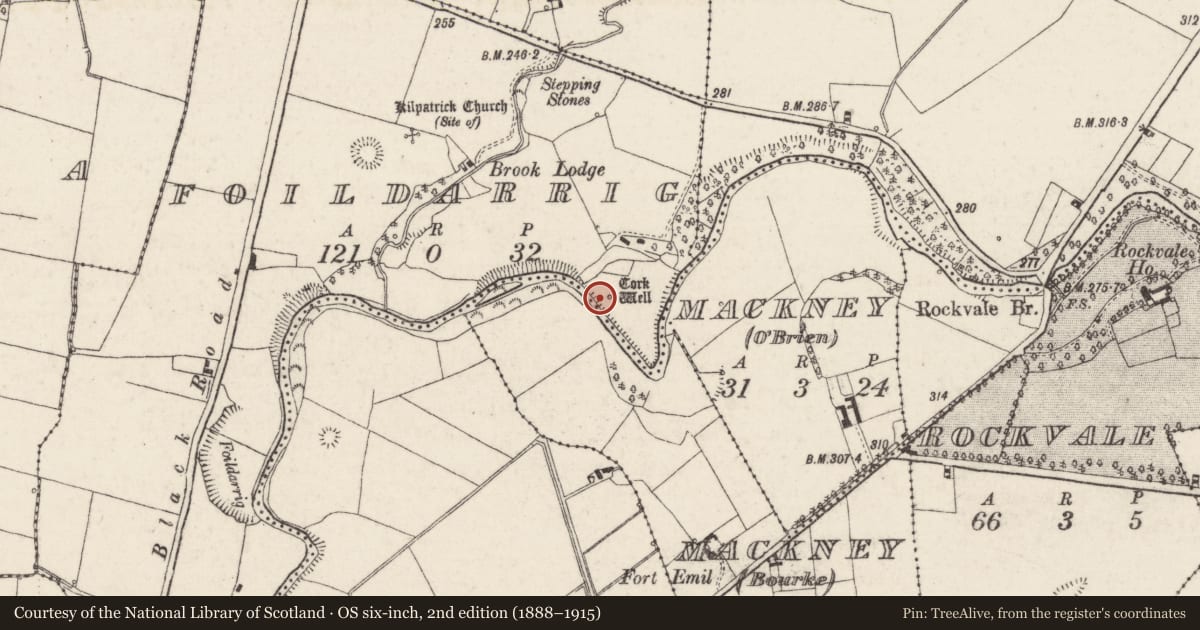 Ordnance Survey six-inch map, 2nd edition (1888–1915) covering the location of Ritual site - holy well, Foildarrig, County Tipperary North, with a pin at the register's coordinates
