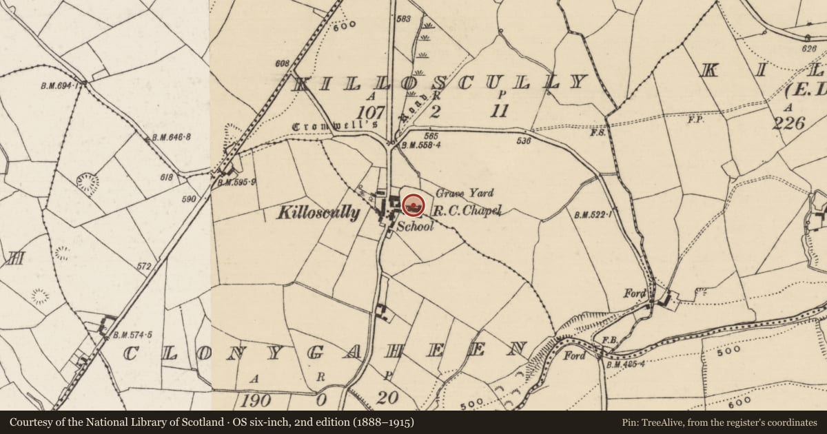 Ordnance Survey six-inch map, 2nd edition (1888–1915) covering the location of Church, Clonygaheen, Killoscully, County Tipperary North, with a pin at the register's coordinates