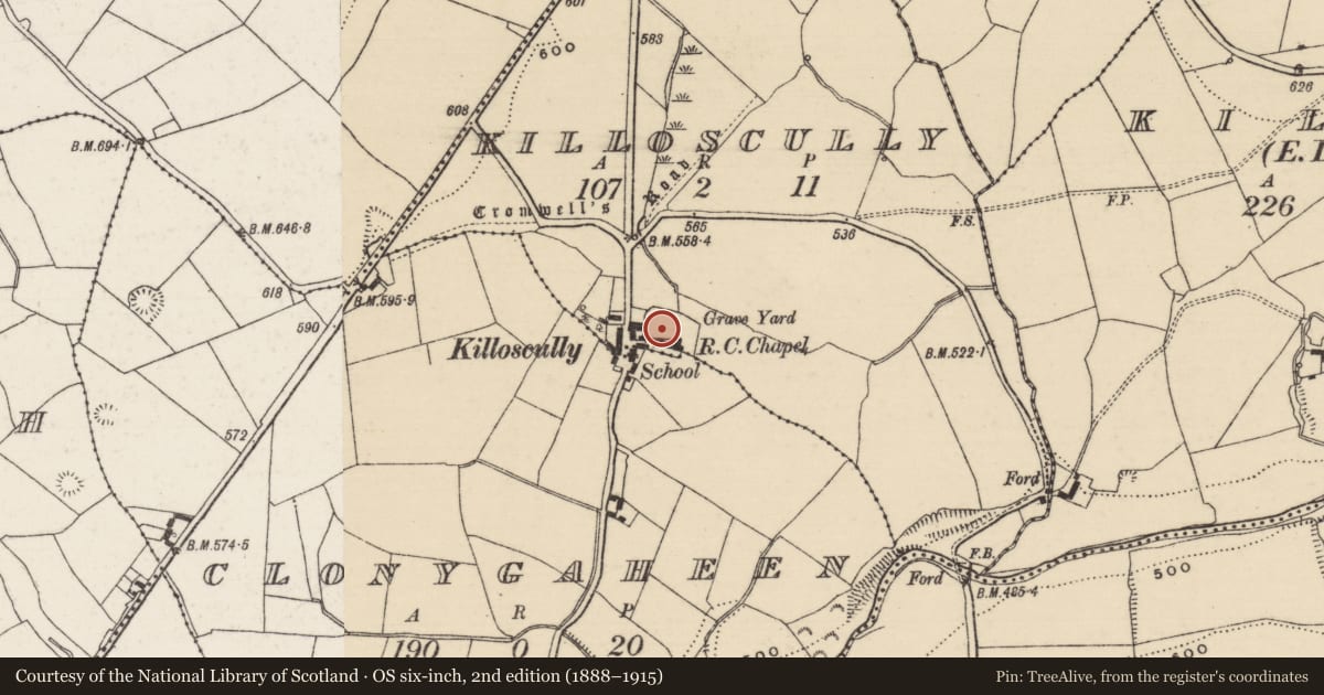 Ordnance Survey six-inch map, 2nd edition (1888–1915) covering the location of Graveyard, Clonygaheen, Killoscully, County Tipperary North, with a pin at the register's coordinates