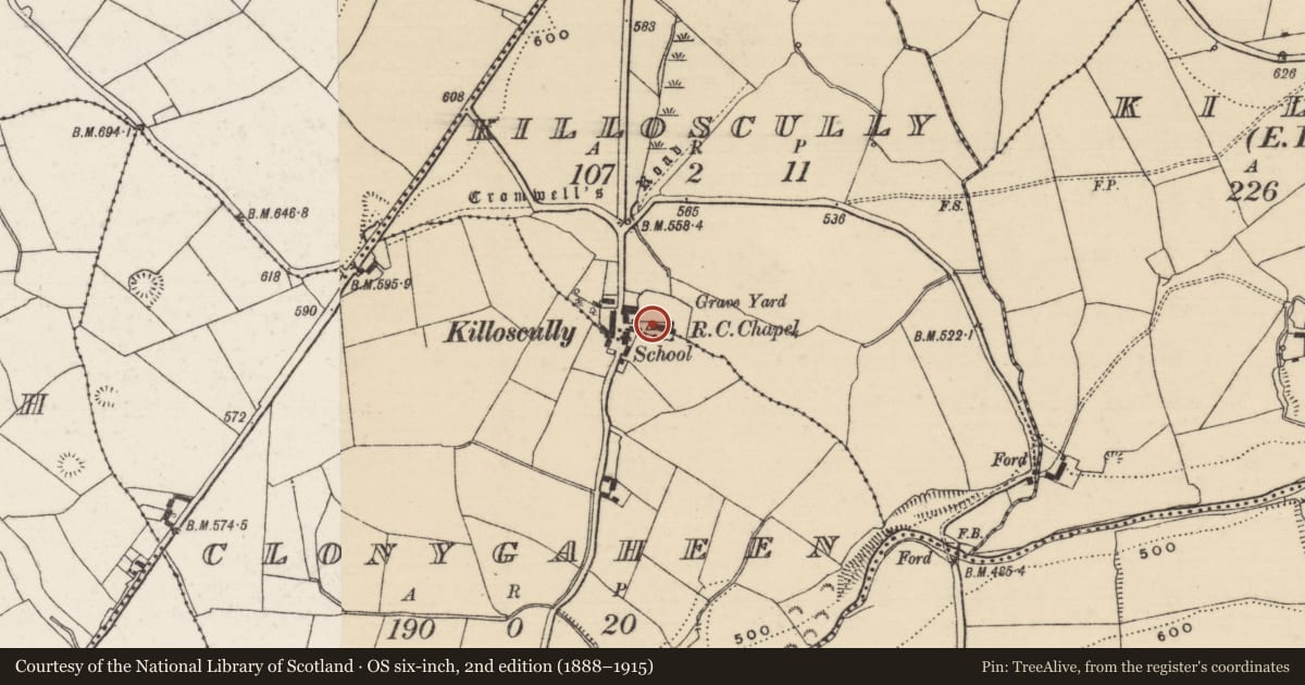 Ordnance Survey six-inch map, 2nd edition (1888–1915) covering the location of Stone sculpture, Clonygaheen, Killoscully, County Tipperary North, with a pin at the register's coordinates