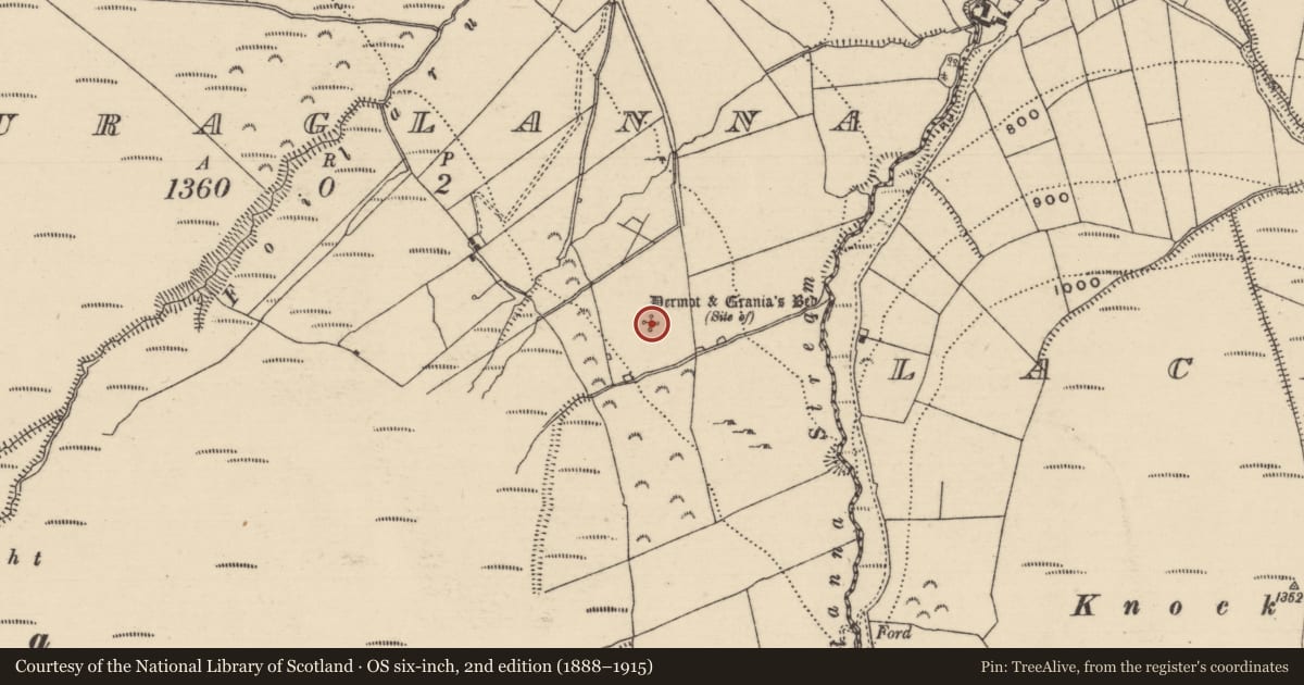 Ordnance Survey six-inch map, 2nd edition (1888–1915) covering the location of Megalithic structure, Bauraglanna, County Tipperary North, with a pin at the register's coordinates