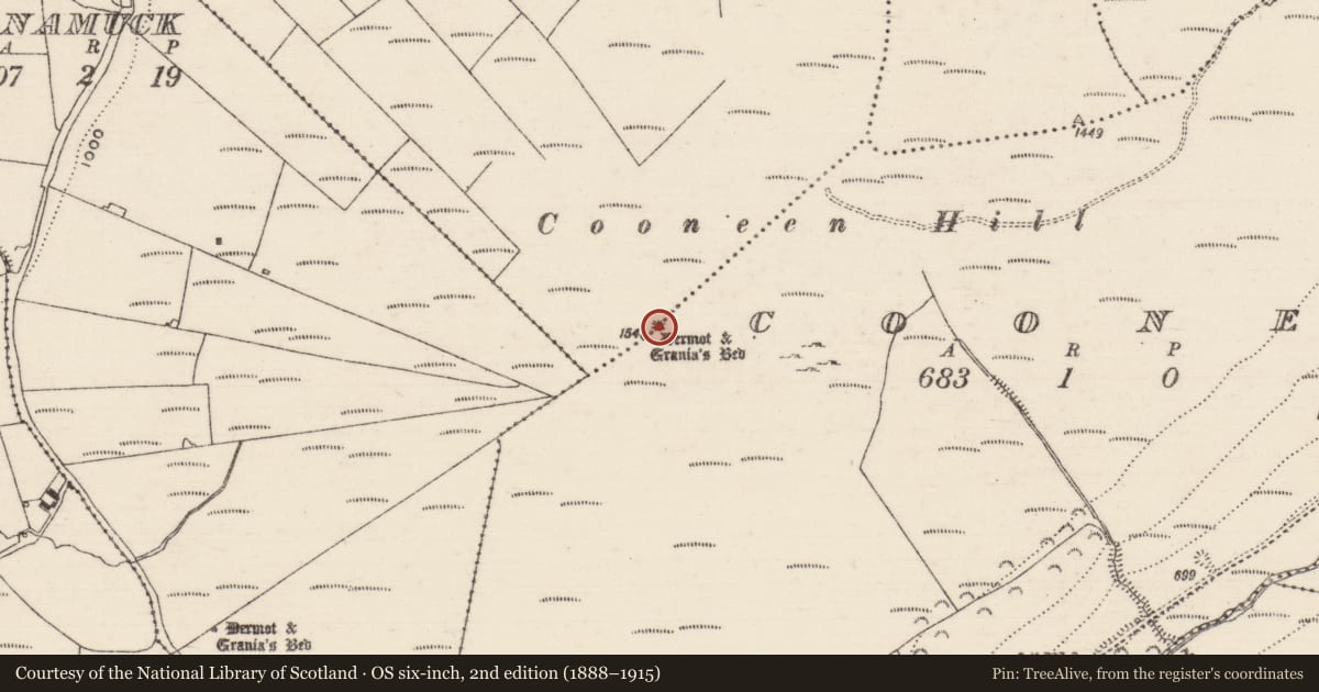 Ordnance Survey six-inch map, 2nd edition (1888–1915) covering the location of Cairn - unclassified, Cooneen (Dolla Par.), Lisgarriff West, County Tipperary North, with a pin at the register's coordinates