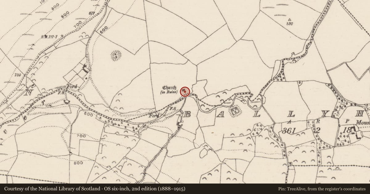 Ordnance Survey six-inch map, 2nd edition (1888–1915) covering the location of Church, Cooneen (Dolla Par.), County Tipperary North, with a pin at the register's coordinates