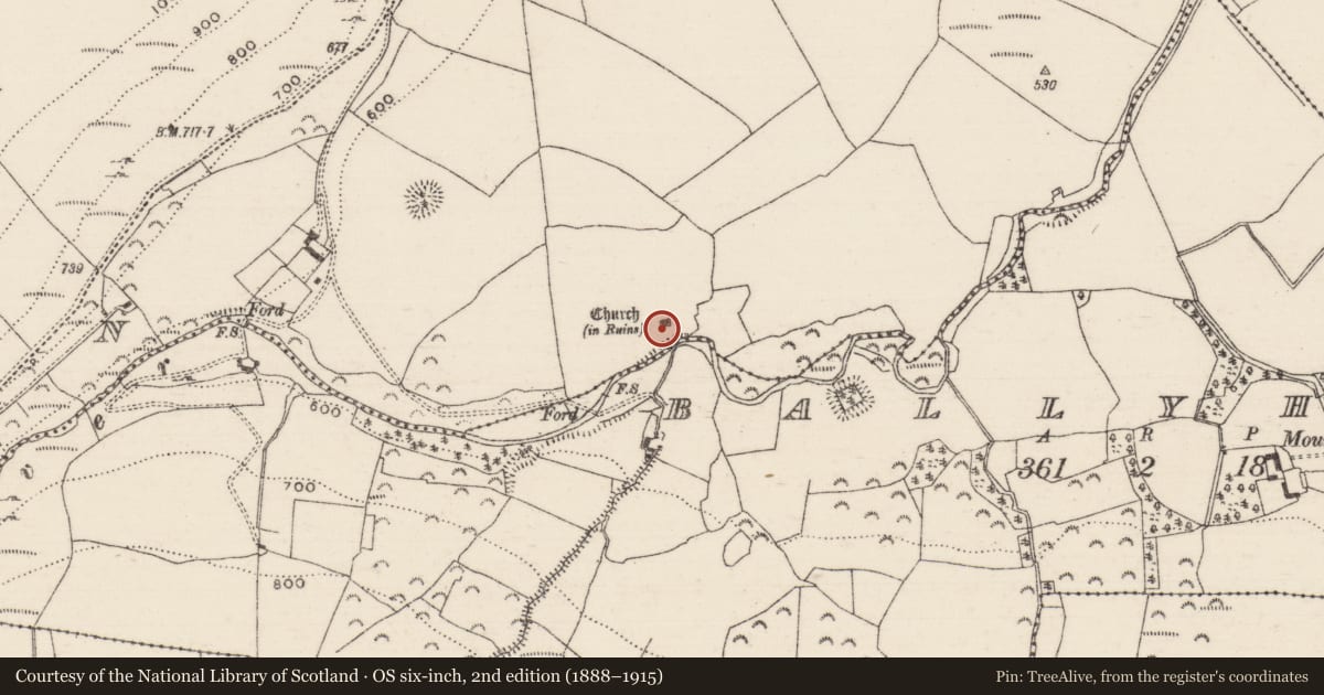 Ordnance Survey six-inch map, 2nd edition (1888–1915) covering the location of Children's burial ground, Cooneen (Dolla Par.), County Tipperary North, with a pin at the register's coordinates