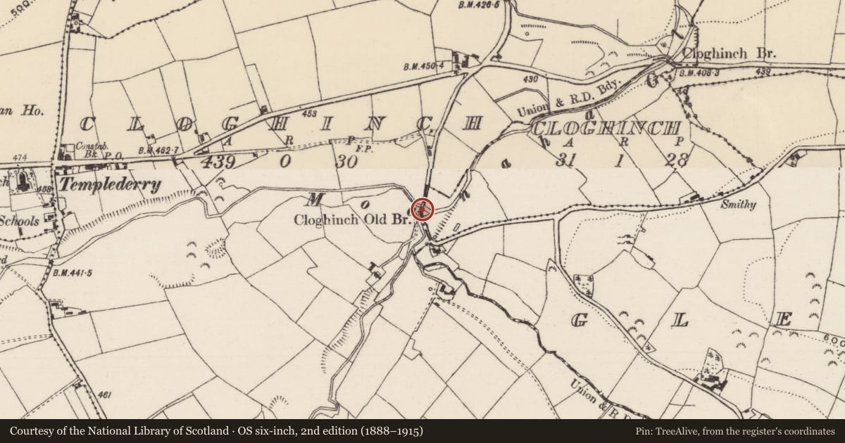 Ordnance Survey six-inch map, 2nd edition (1888–1915) covering the location of Bridge, Cloghinch (Glenkeen Par.), Cloghinch (Templederry Par.), County Tipperary North, with a pin at the register's coordinates