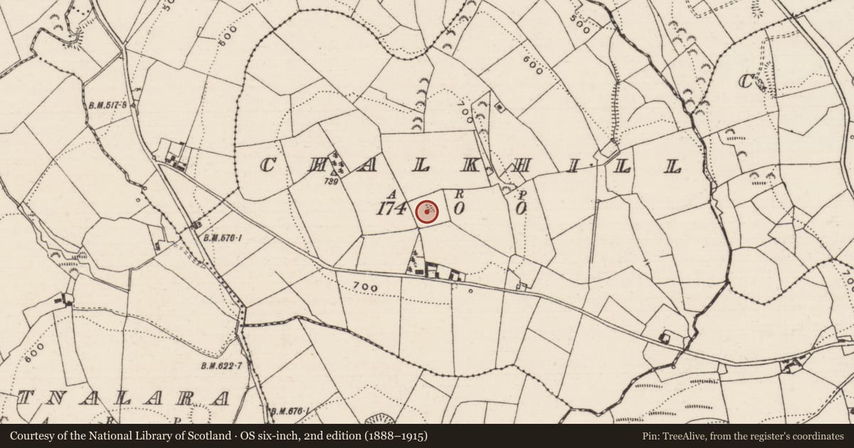 Ordnance Survey six-inch map, 2nd edition (1888–1915) covering the location of Earthwork, Chalkhill, County Tipperary North, with a pin at the register's coordinates