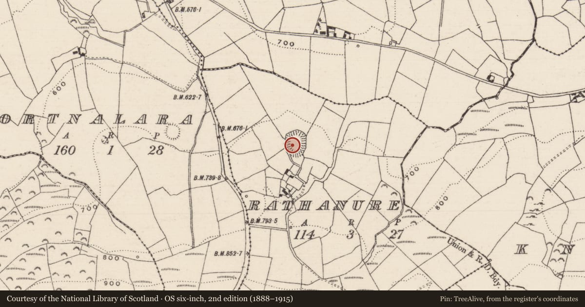Ordnance Survey six-inch map, 2nd edition (1888–1915) covering the location of Ringfort - rath, Rathanure, County Tipperary North, with a pin at the register's coordinates