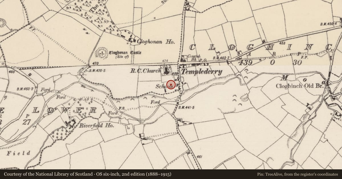 Ordnance Survey six-inch map, 2nd edition (1888–1915) covering the location of Church, Cloghonan, County Tipperary North, with a pin at the register's coordinates