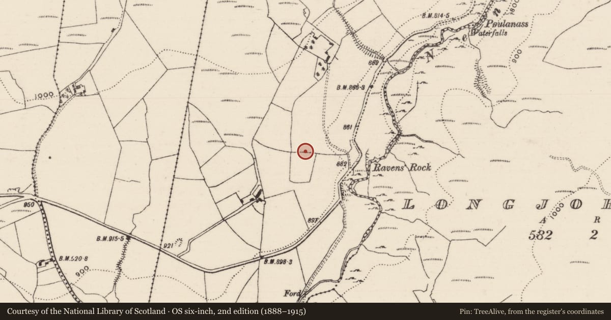 Ordnance Survey six-inch map, 2nd edition (1888–1915) covering the location of Kerb circle, Cooneen (Dolla Par.), County Tipperary North, with a pin at the register's coordinates