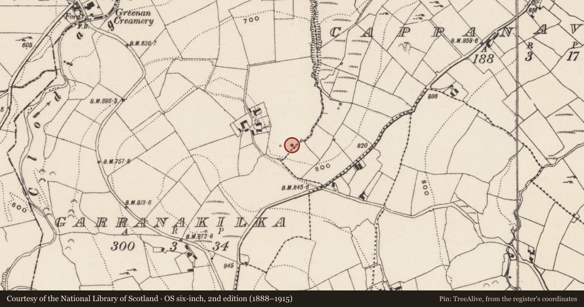Ordnance Survey six-inch map, 2nd edition (1888–1915) covering the location of Fulacht fia, Garranakilka, County Tipperary North, with a pin at the register's coordinates