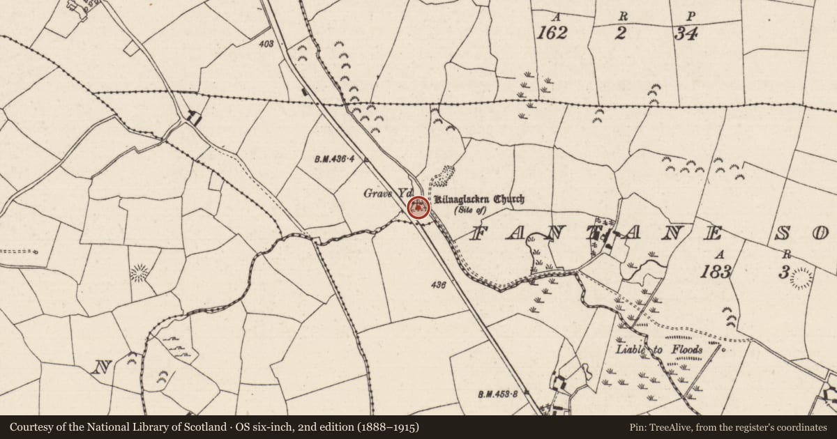 Ordnance Survey six-inch map, 2nd edition (1888–1915) covering the location of Church, Fantane South, County Tipperary North, with a pin at the register's coordinates