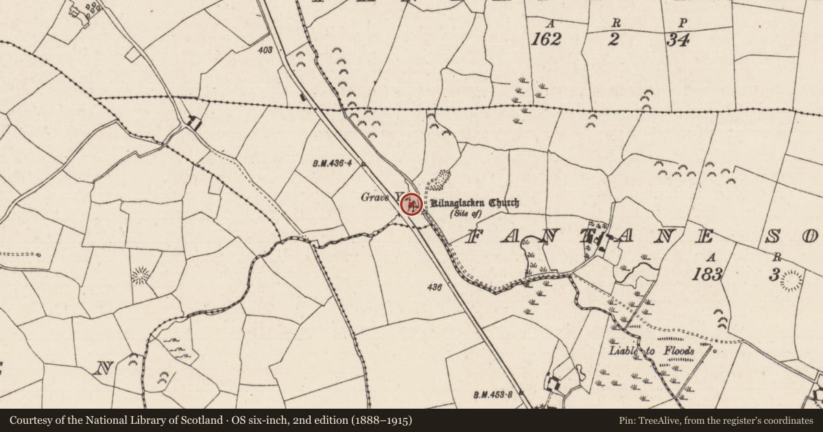 Ordnance Survey six-inch map, 2nd edition (1888–1915) covering the location of Graveyard, Fantane South, County Tipperary North, with a pin at the register's coordinates